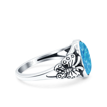 Petite Dainty Butterfly Lab Opal Ring Solid Oval Oxidized Lab Created Blue Opal 925 Sterling Silver